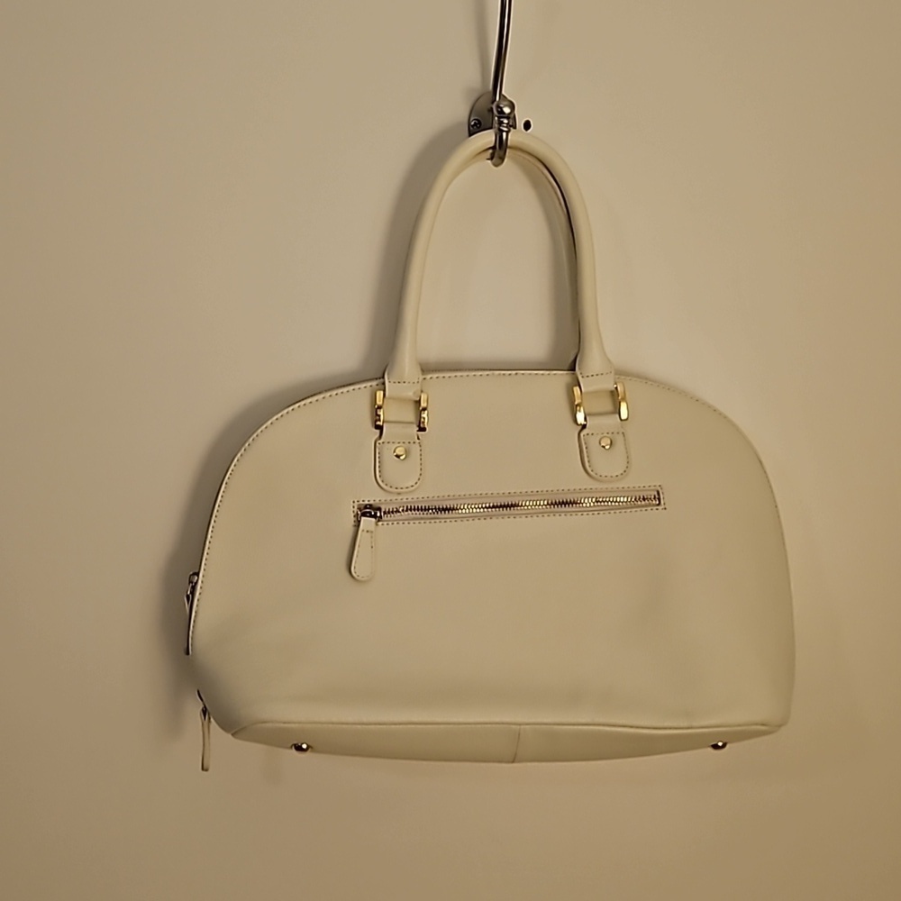 JOY & IMAN Ivory Pebbled SpIit Leather Large Clamshell Satchel Handbag - Picture 6 of 12